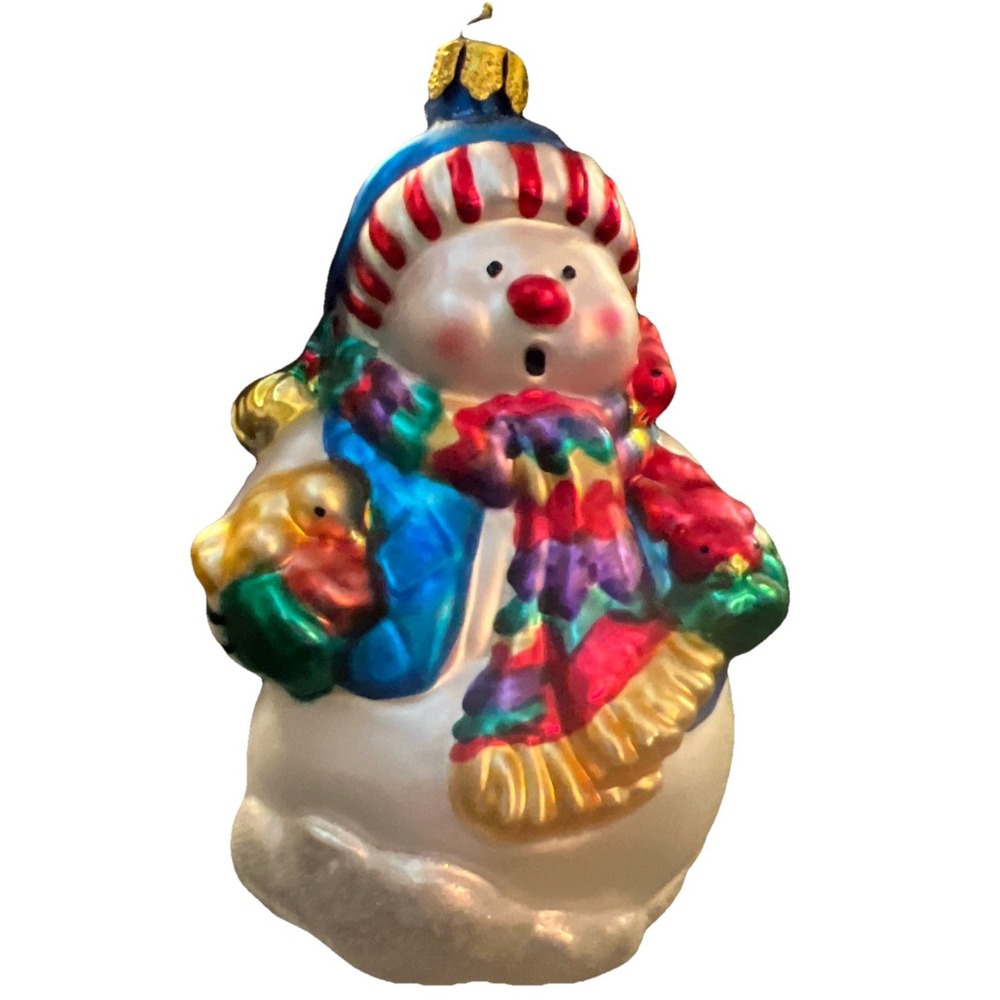 Hand Blown Glass Christmas Ornament Snowman With Birds